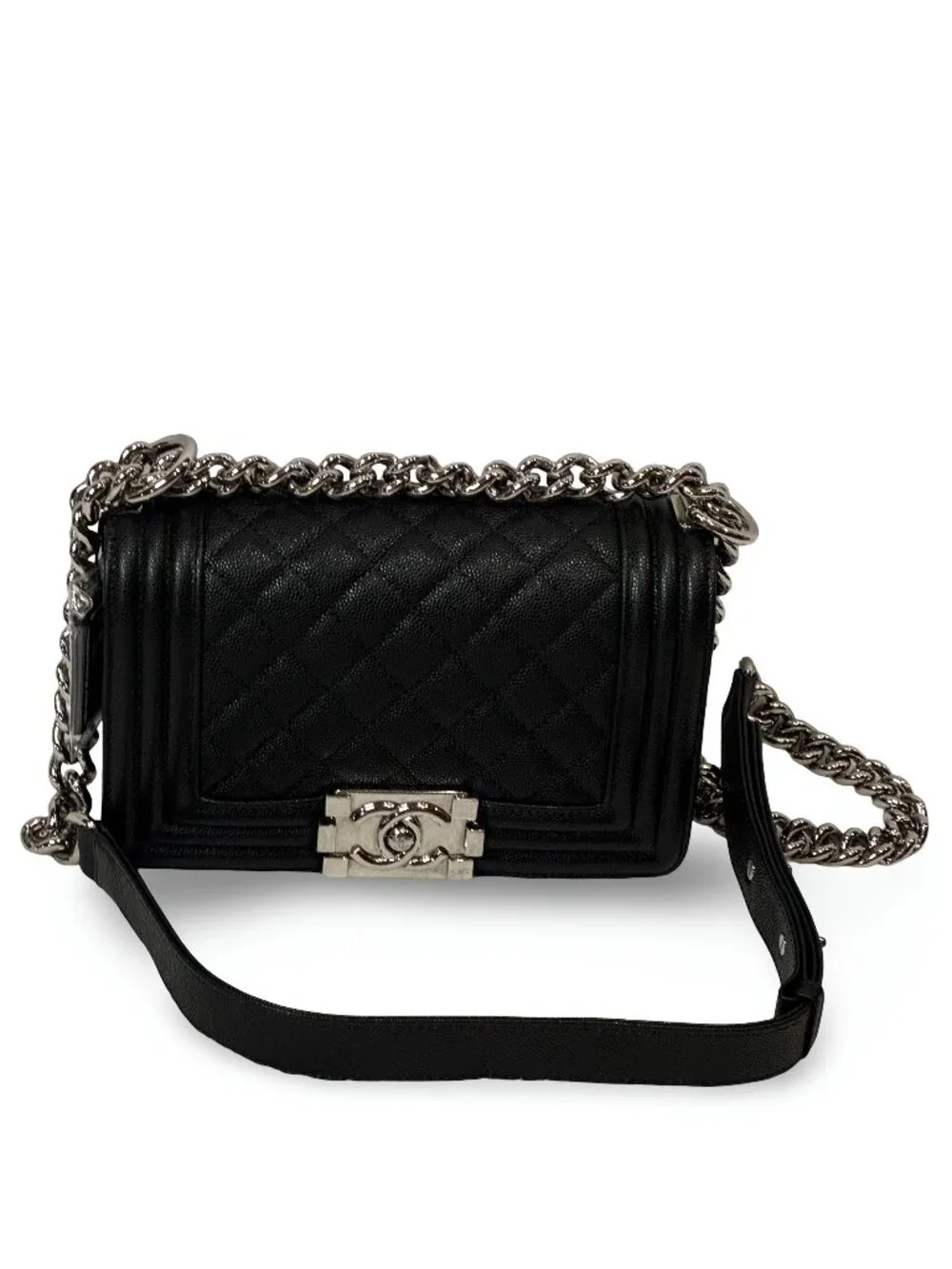 CHANEL Small Boy Flap Bag Black Caviar Silver Ruthenium Hardware Quilted Crossbo